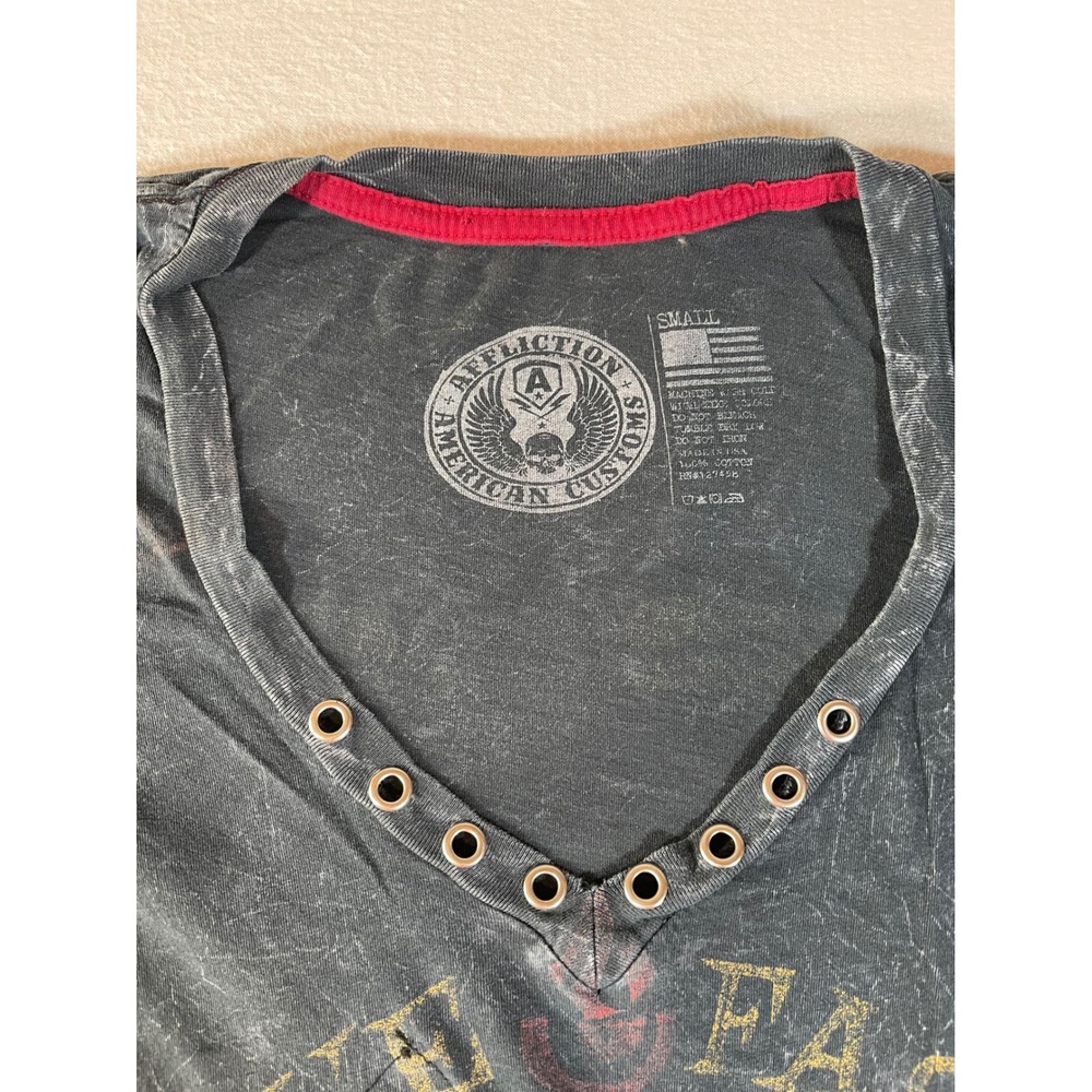 Affliction American Customs Womens Small Studded Distressed Graphic T-Shirt Grey - Picture 7 of 10